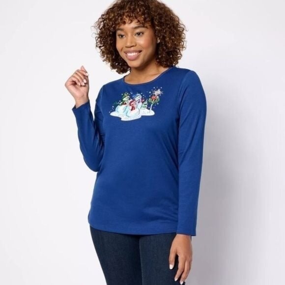 Quacker Factory Oh Holy Night Long Sleeve Top Crew Neck Long Sleeve T-Shirt - Picture 1 of 13